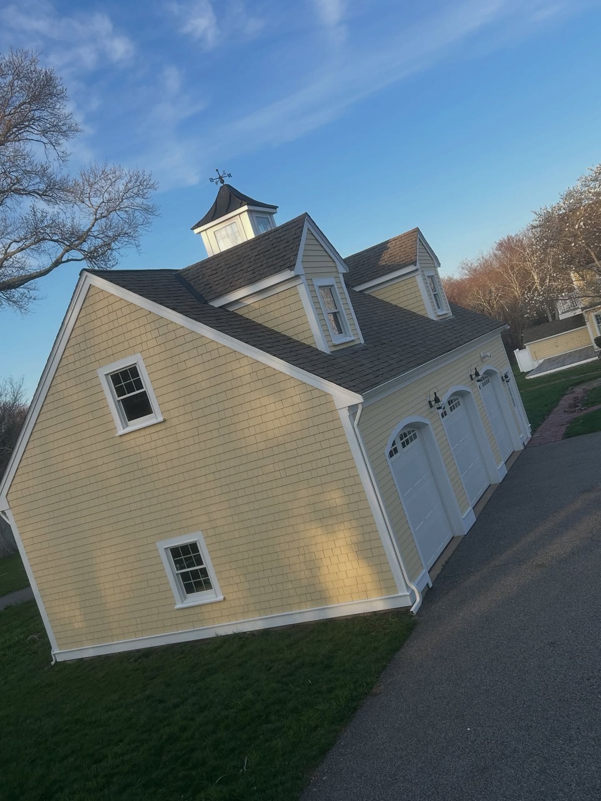 Yellow garage building, angled view